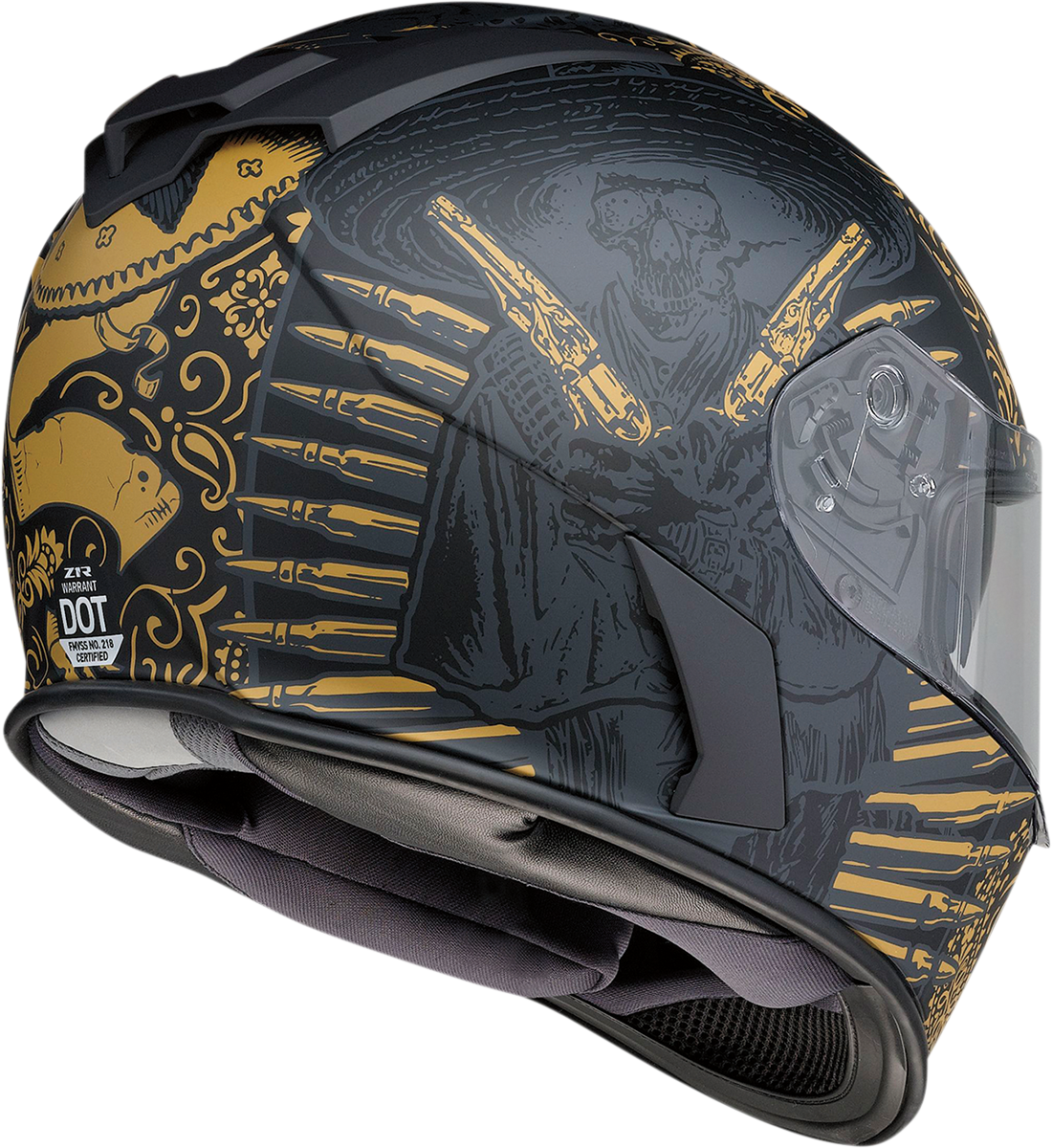 Z1R Warrant helmet in black and gold with injection-molded polycarbonate shell and drop-down sun visor, large size.