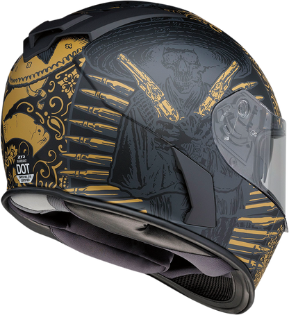 Z1R Warrant helmet in black and gold with injection-molded polycarbonate shell and drop-down sun visor, large size.
