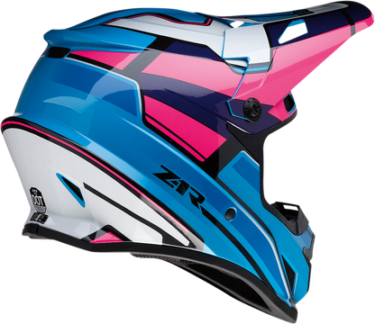 Z1R Rise motorcycle helmet in pink and blue, XL size, featuring sleek aerodynamic design and secure chin strap.