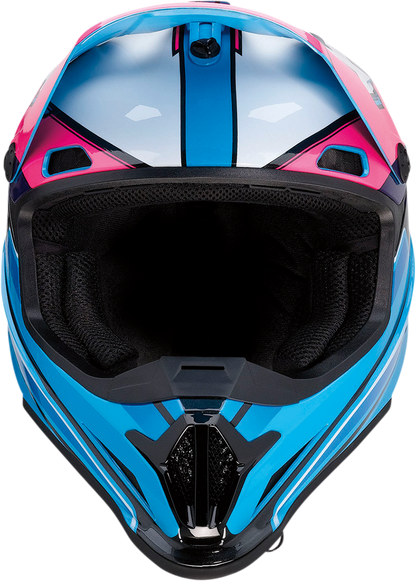 Z1R Rise motorcycle helmet in pink and blue with 4XL size, featuring aerodynamic design and secure chin strap.