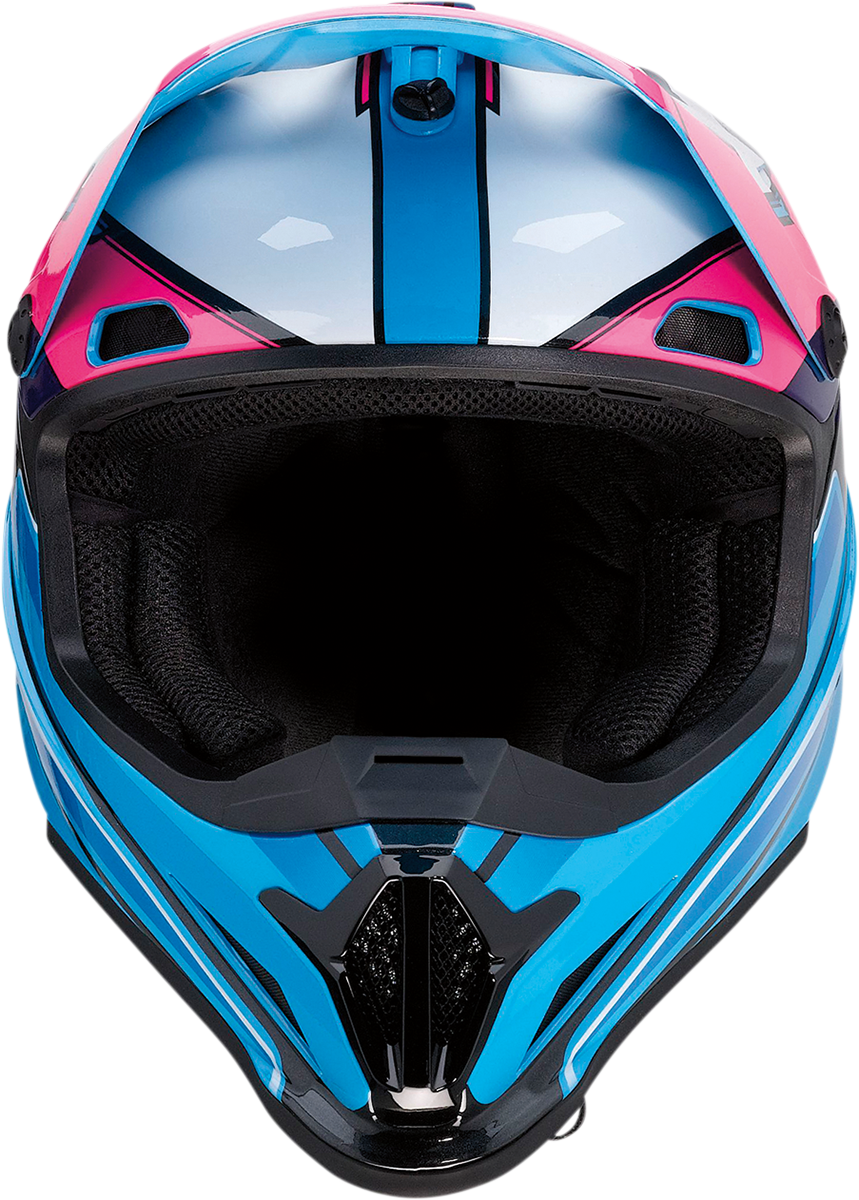 Z1R Rise motorcycle helmet in pink and blue, XL size, featuring a sleek aerodynamic design and clear face shield.