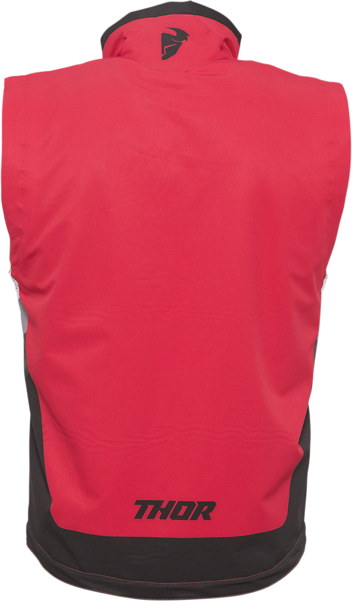 Red and black THOR warmup vest in medium size, featuring a sleeveless design and lightweight construction for active wear.
