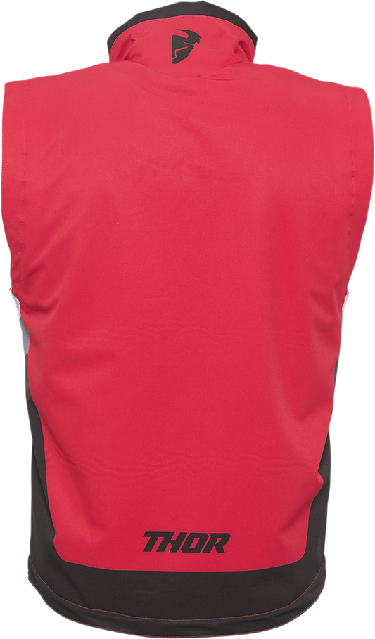 Red and black THOR warmup vest in medium size, featuring a sleeveless design and lightweight construction for active wear.