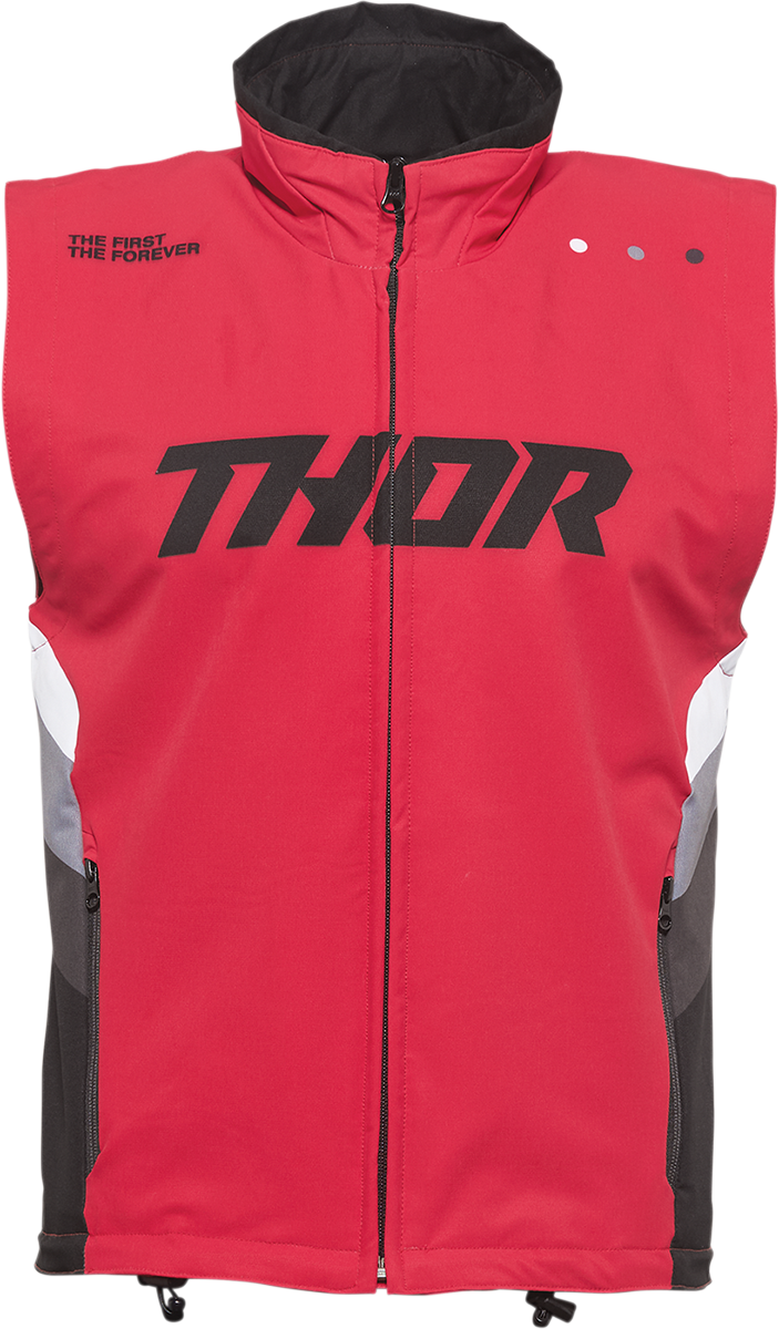 Red and black THOR Warmup Vest in medium size, featuring lightweight design and durable fabric for motorcycle riding comfort.
