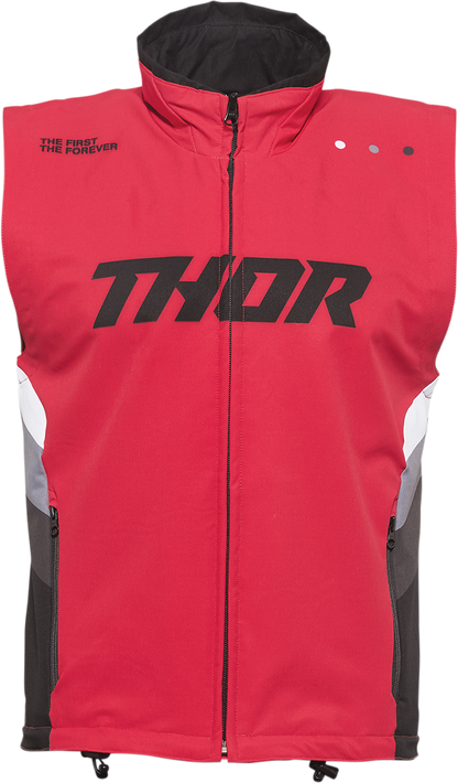 Red and black THOR Warmup Vest in medium size, featuring lightweight design and durable fabric for motorcycle riding comfort.