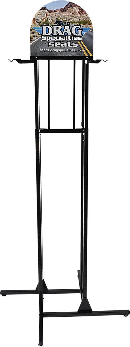 Drag Specialties Seats custom display stand holding a motorcycle seat for easy viewing and presentation.