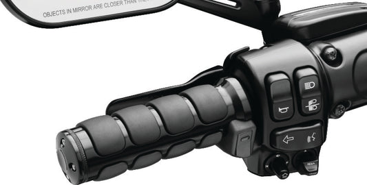 Kuryakyn Heated ISO-Grips Throttle-By-Wire in glossy black, showing textured heated grips on motorcycle handlebars.