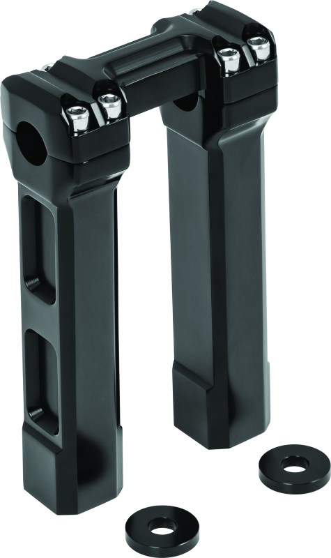 Kuryakyn 8-inch black billet handlebar risers for Harley Davidson motorcycles with polished metal finish and mounting hardware