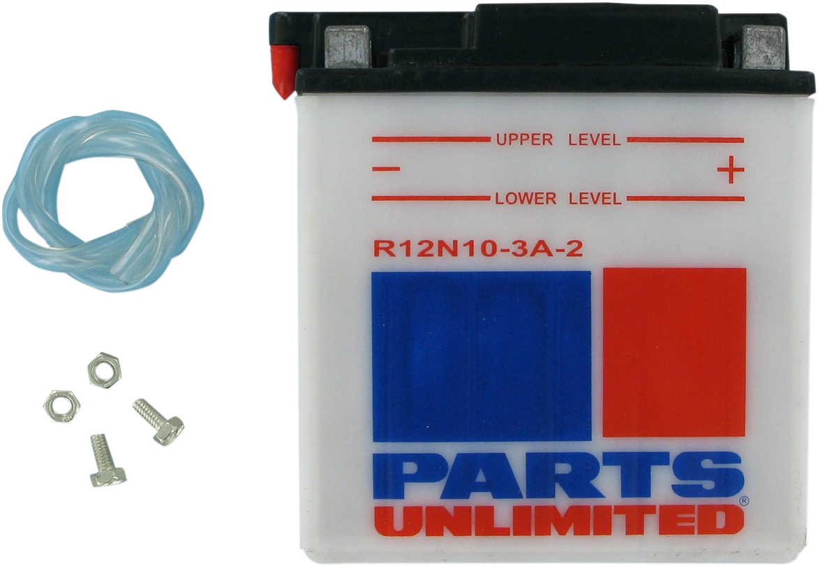 Parts Unlimited 12N10-3A-2 conventional motorcycle battery with positive and negative terminals for reliable power supply