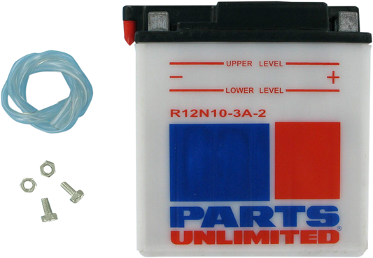 Parts Unlimited 12N10-3A-2 conventional motorcycle battery with positive and negative terminals for reliable power supply