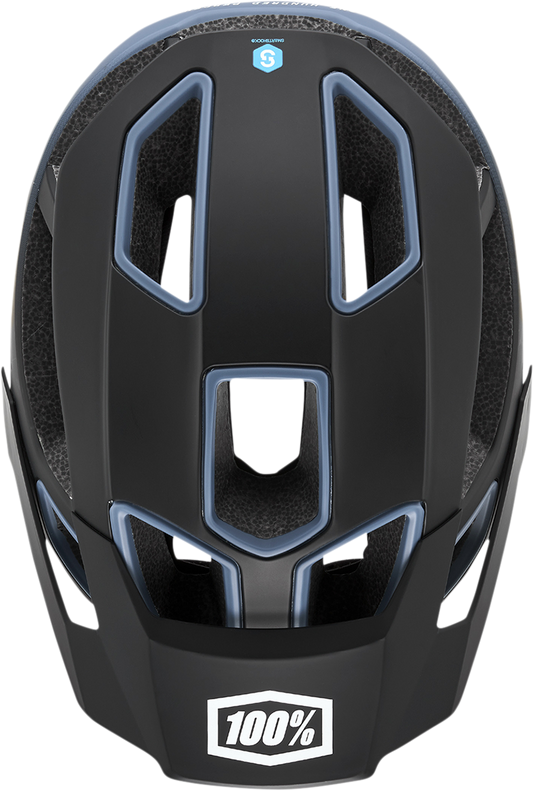 Navy 100% Altec bicycle helmet with Fidlock buckle, CPSC/CE certified, XS/S size, shown from the side with adjustable straps.