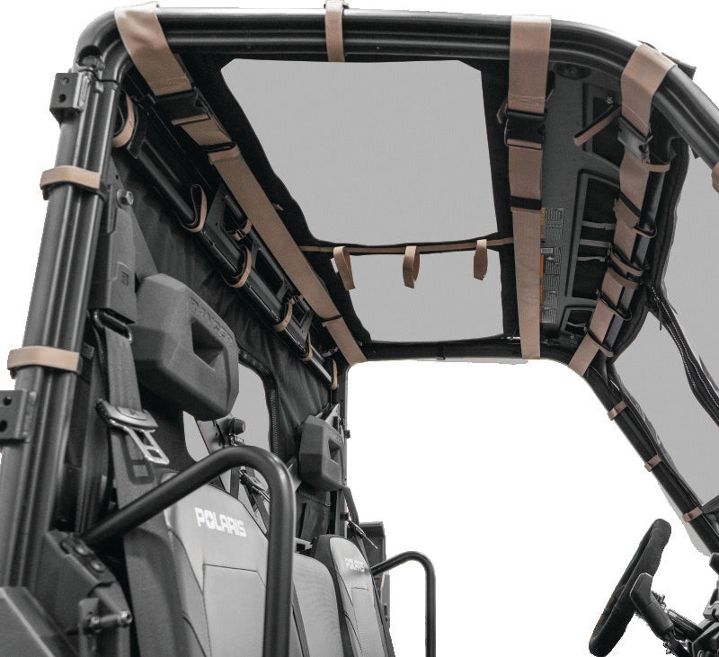 QuadBoss soft roof for Polaris Ranger XP with tinted sunroof, providing durable sun protection and natural light.