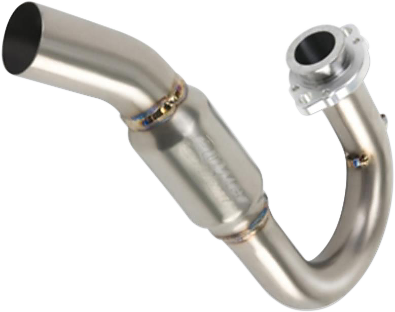FMF PowerBomb motorcycle exhaust header, high-performance motorcycle header with sleek metal design and branding visible.