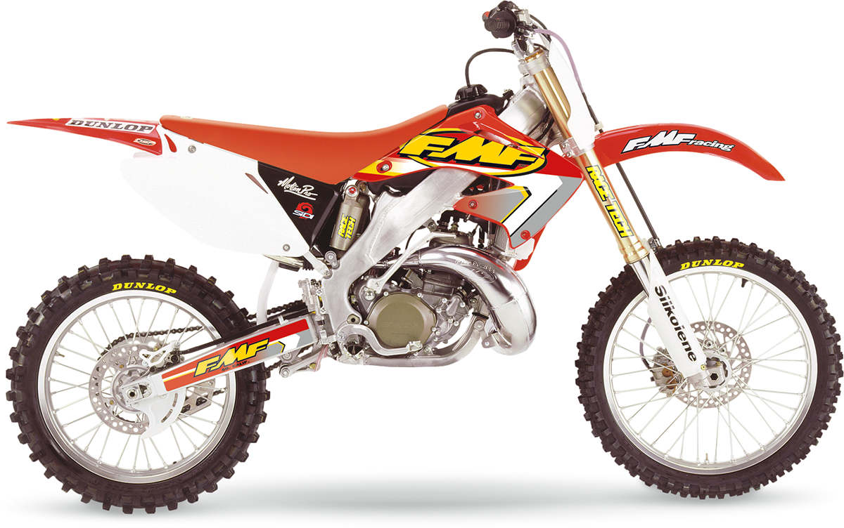 FMF Fatty pipe part number 021040, high-performance motorcycle exhaust upgrade with polished metal finish and mounting components.