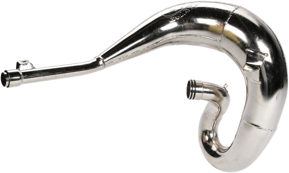 FMF Gnarly Pipe 021053 for 200cc-500cc off-road motorcycles, showcasing the exhaust pipe with branding and metallic finish.