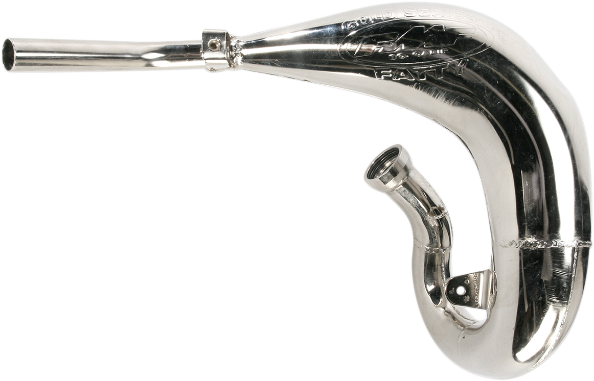 FMF Fatty Pipe motorcycle exhaust system, high-performance motorcycle exhaust for power gains, with a sleek metal design.
