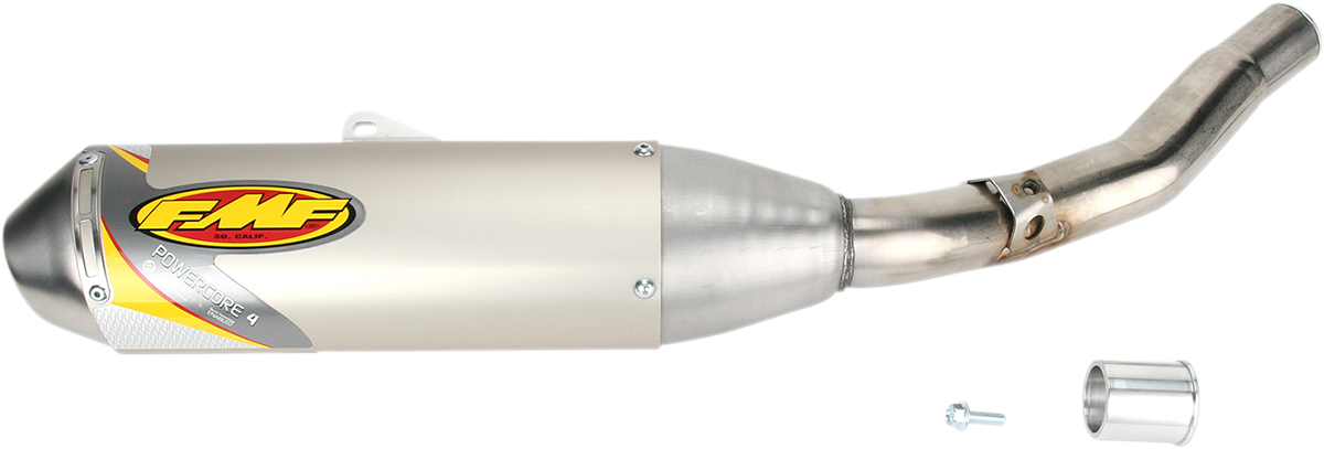 FMF Powercore 4 motorcycle muffler, black with silver accents, designed for improved performance on sport bikes.