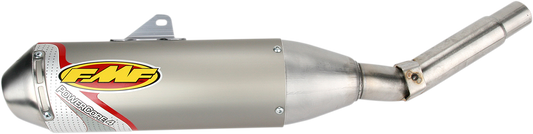 FMF Powercore 4 motorcycle muffler showing a sleek, black exhaust with logo, designed for improved motorcycle performance.