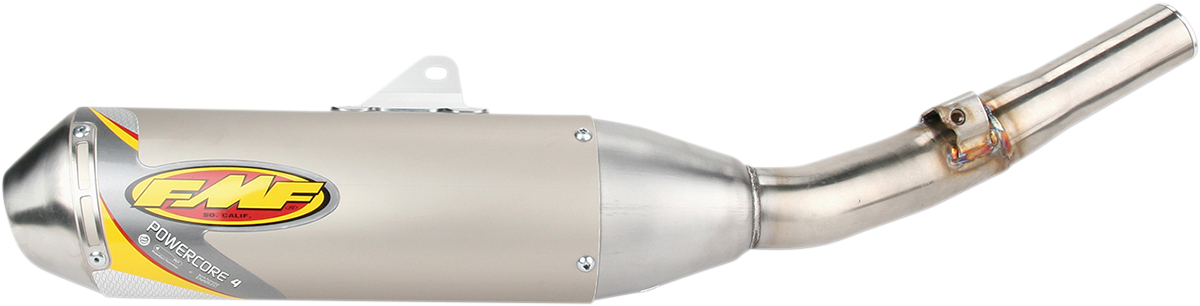 FMF Powercore 4 motorcycle muffler, high-performance exhaust system for bikes, with sleek metal finish and branding visible.