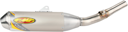 FMF Powercore 4 motorcycle muffler, high-performance exhaust system for bikes, with sleek metal finish and branding visible.