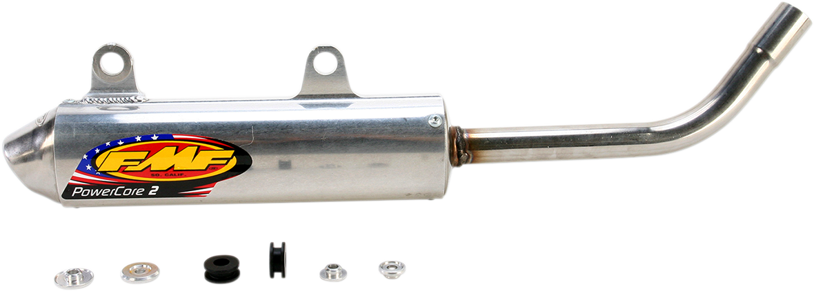 FMF Powercore 2 Silencer for 2-stroke engines, showing the lightweight motorcycle exhaust silencer with branding and metal construction.