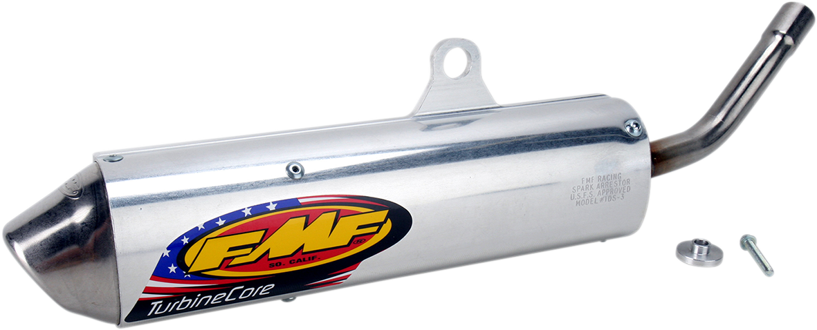 FMF Turbinecore 2 motorcycle silencer with turbine dampening system, high-performance exhaust for enhanced bike sound and efficiency.