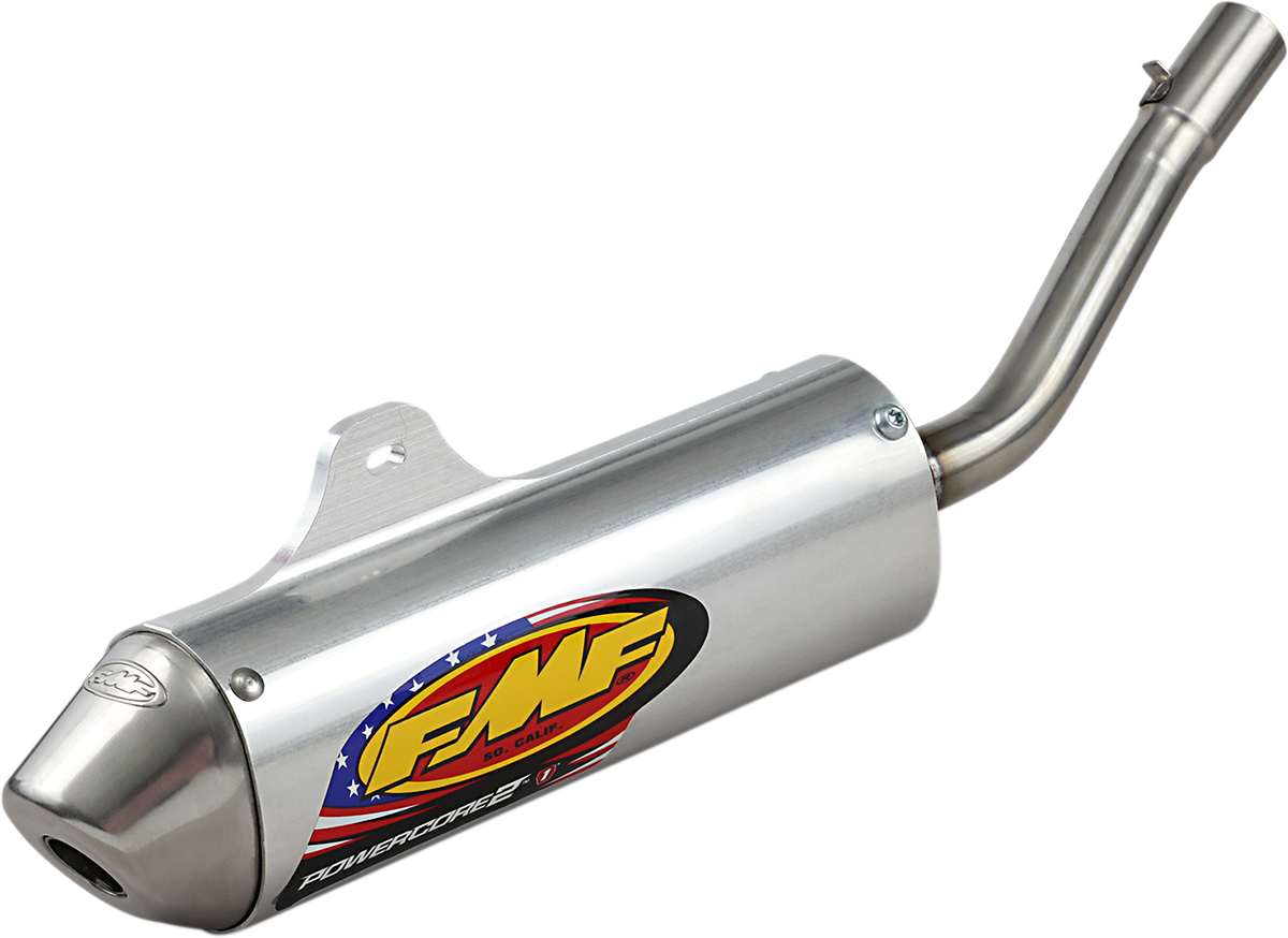 FMF Powercore 2 Silencer for 2-stroke motorcycle, showing the exhaust with Performance Flow End Cap in a close-up view.