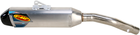 Aluminum FMF Factory 4.1 RCT muffler with FMF branding, displaying the sleek, polished exterior and exhaust outlet.