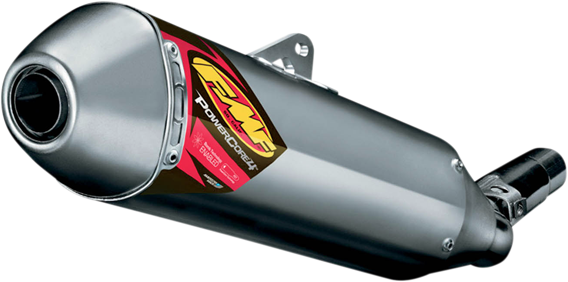FMF PowerCore 4 HEX motorcycle muffler with high-performance exhaust system, shown in black with branding details.