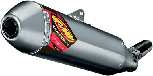 FMF PowerCore 4 HEX motorcycle muffler with high-performance exhaust system, shown in black with branding details.