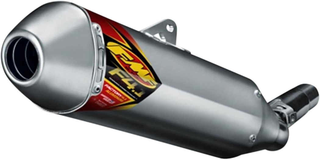 FMF Factory 4.1 RCT Muffler in aluminum, designed for enhanced motorcycle performance and durability, shown in the image.