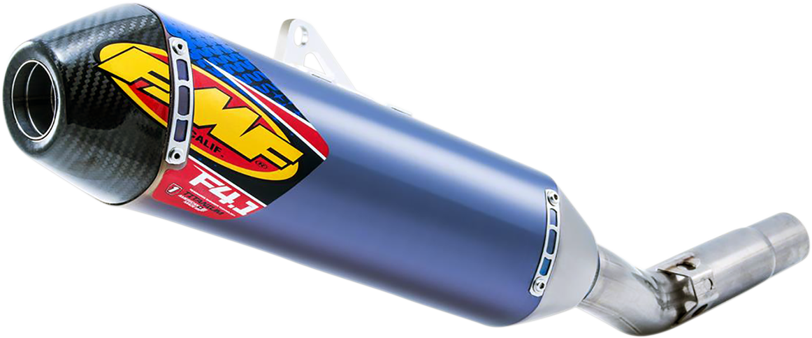 FMF Factory 4.1 RCT muffler made of anodized titanium, showcasing its sleek, lightweight design and durable construction.