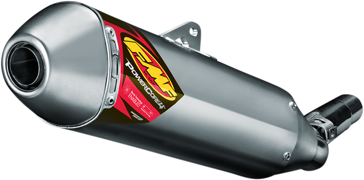 FMF PowerCore 4 HEX muffler for high-performance motorcycle exhaust, showcasing durable construction and sleek design.