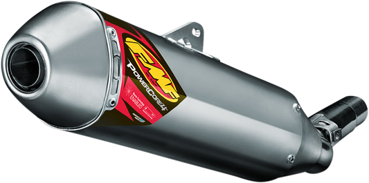 FMF PowerCore 4 HEX muffler for high-performance motorcycle exhaust, showcasing durable construction and sleek design.