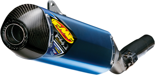 FMF Factory 4.1 RCT muffler in anodized titanium, showcasing sleek, lightweight motorcycle exhaust with branding details.