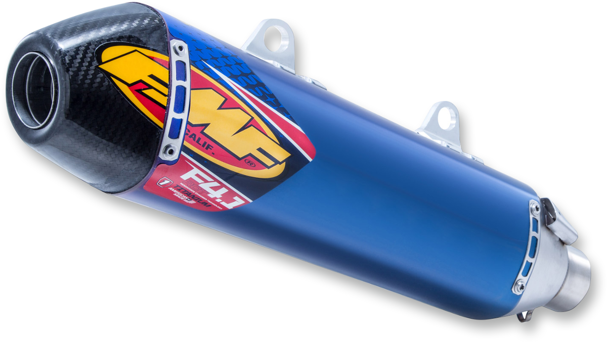 FMF Factory 4.1 RCT Muffler in anodized titanium with sleek design, part number 045586, showcasing its high-performance motorcycle exhaust.
