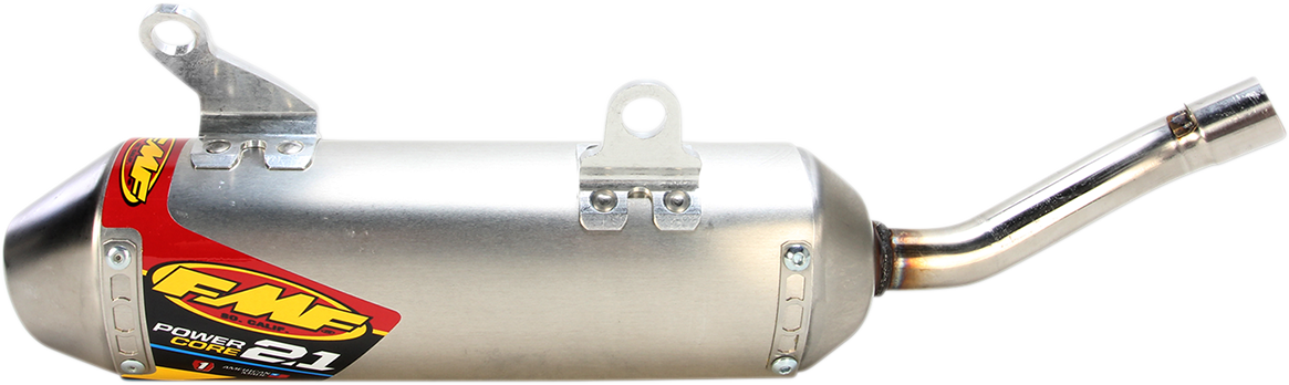 Aluminum FMF Powercore 2.1 muffler for motorcycles, showing the sleek cylindrical design with FMF branding.