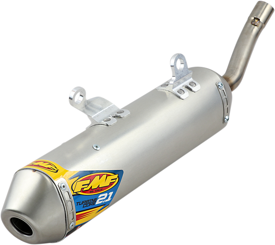 FMF Turbinecore 2.1 muffler for enhanced trail and track performance, shown with its sleek design and branding.