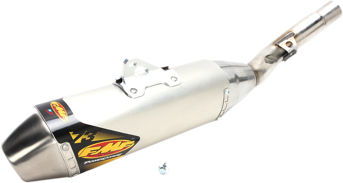 FMF PowerCore 4 HEX motorcycle muffler showing its high-performance exhaust system with a sleek, metallic finish and branding details.