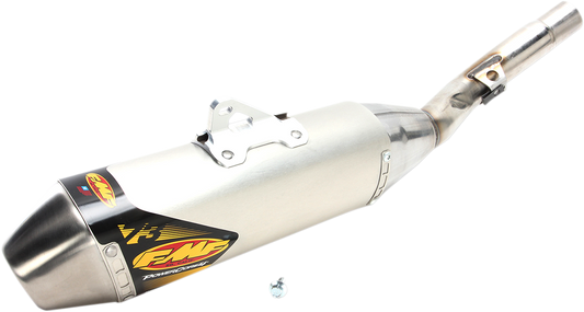 FMF PowerCore 4 HEX motorcycle muffler showing its high-performance exhaust system with a sleek, metallic finish and branding details.
