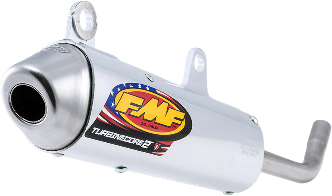 FMF Turbinecore 2 silencer part for off-road motorcycles, showing the durable metal construction and attachment points.