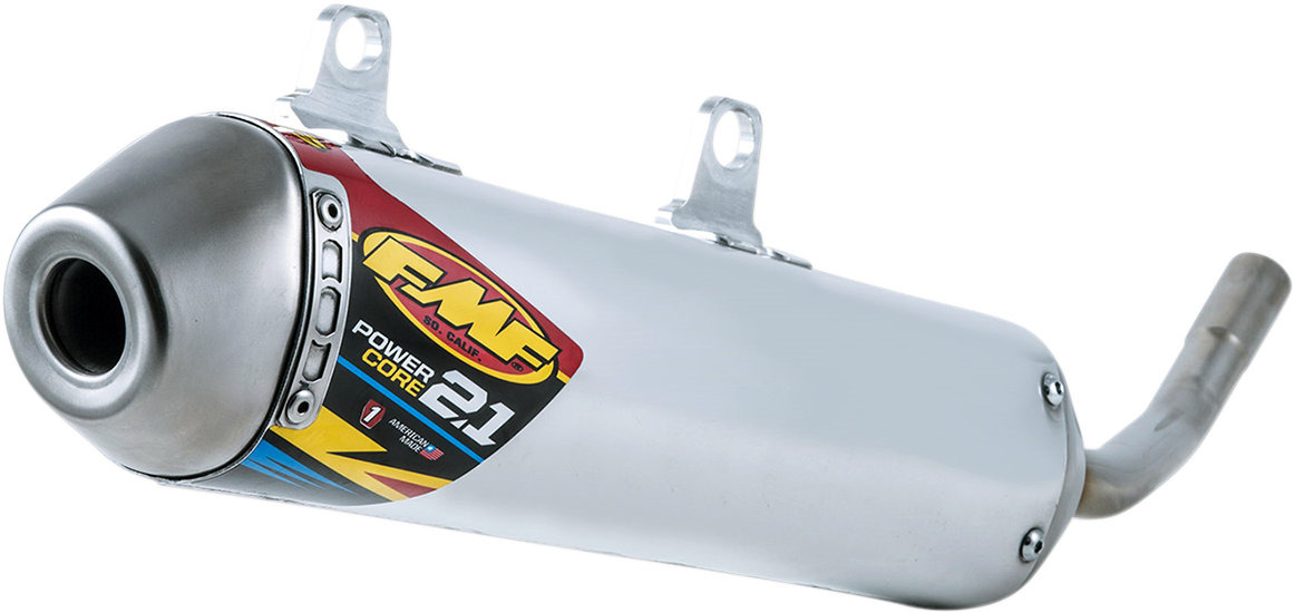 FMF Powercore 2.1 aluminum muffler part for 4-stroke motorcycles, showing the sleek metallic finish and mounting details.