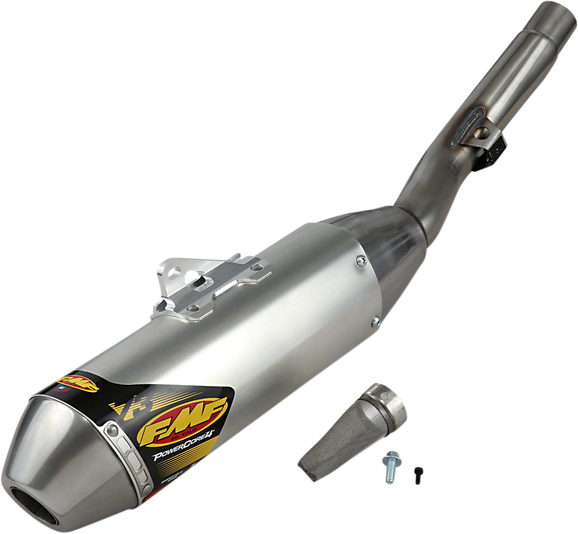 FMF PowerCore 4 HEX muffler, high-performance motorcycle exhaust upgrade with a sleek metal finish and hexagonal design.