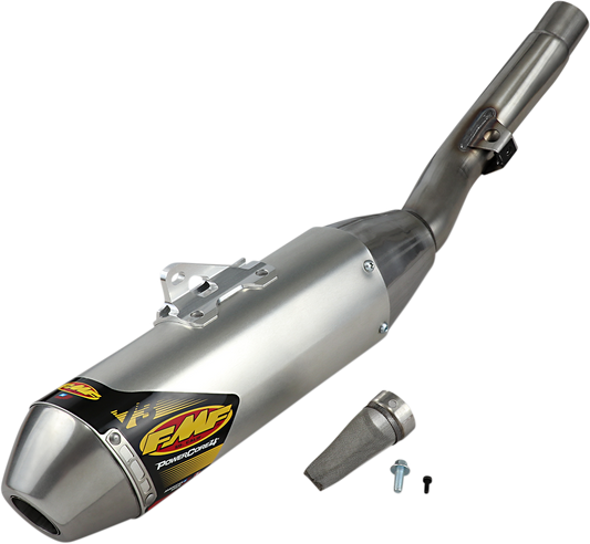 FMF PowerCore 4 HEX muffler, high-performance motorcycle exhaust upgrade with a sleek metal finish and hexagonal design.