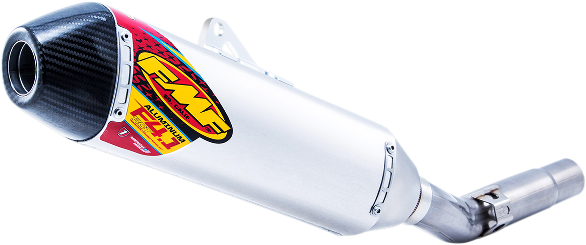 Aluminum FMF Factory 4.1 RCT muffler with FMF branding, designed for motorcycle exhaust systems.