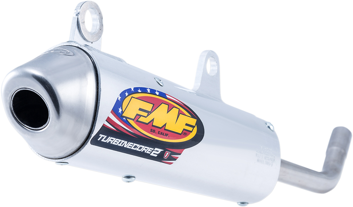FMF Turbinecore 2 motorcycle silencer, durable exhaust component with enhanced performance, shown in the image.