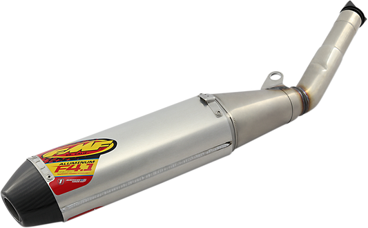 Aluminum FMF Factory 4.1 RCT Muffler with branding, showcasing its sleek design and durable construction for motorcycle exhaust systems.