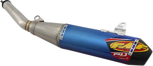 FMF Factory 4.1 RCT Titanium muffler with anodized finish, showcasing sleek design and branding on the exhaust part.