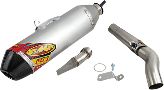 Aluminum FMF Factory 4.1 RCT muffler with FMF branding, showcasing its sleek, lightweight design for motorcycle exhaust systems.
