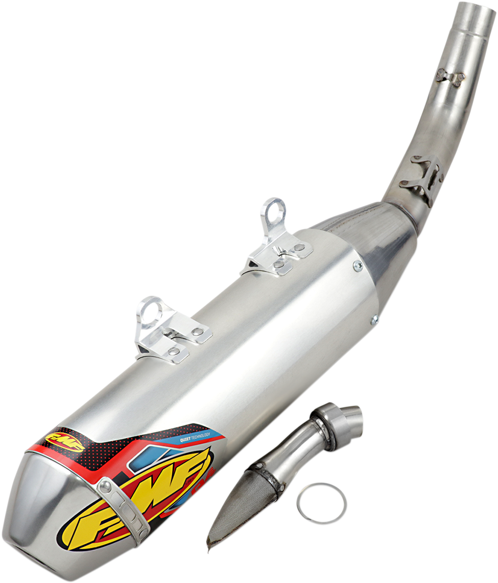 FMF Q4 HEX lightweight off-road motorcycle muffler and exhaust system with sleek design and metallic finish.